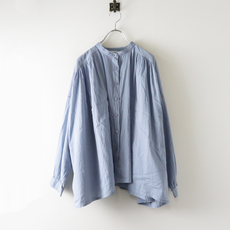 ソイル SOIL ボイルコットン バンドカラー ギャザー シャツ |サックスブルー トップス 長袖【2400014675733】拍卖