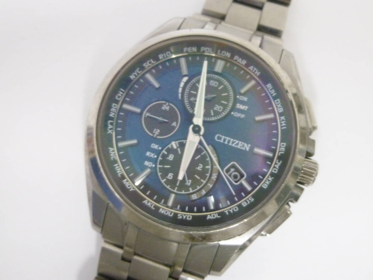 72239◆腕時計 CITIZEN/シチズン エコドライブ H804-T018696 電波ソーラー シルバーカラー/銀色 青文字盤 クロノグラフ デイト 3針◆拍卖