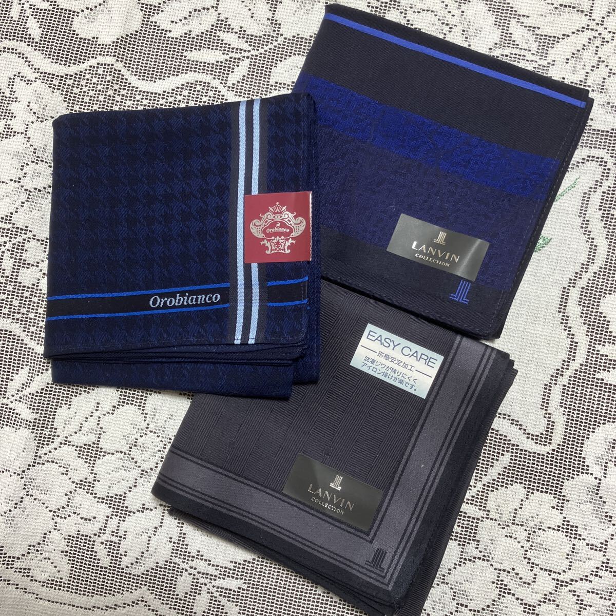 送料無料 ランバン オロビアンコハンカチ3枚セット♪♪ ネイビー系 グレー系 ブランドハンカチ 素敵なメンズに 紳士用拍卖