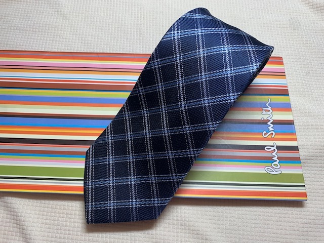 Paul Smith ポールスミスMade in Italy ネクタイ黒青チェック柄シルク100拍卖