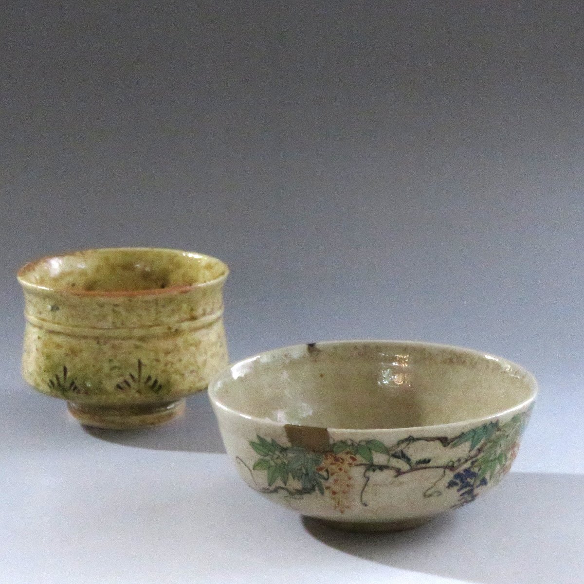 ◆◇時代 色絵萬古茶碗(金継あり) 加藤作助黄瀬戸茶碗 セット◇◆茶道具 chado ware dbsy10145-e拍卖