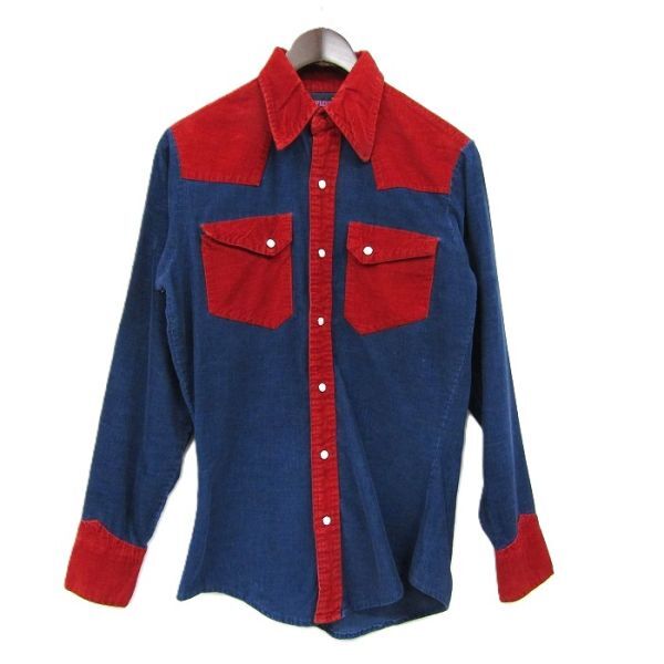 70s ★USA製★ サイズ S EXPRESSIONS by CAMPUS コーデュロイ 長袖 シャツ ブルー レッド 襟芯入 キャンパス 古着 ビンテージ 5O2506拍卖