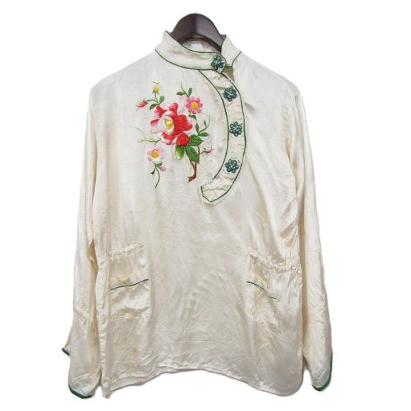 50s 60s~ サイズ ? vintage チャイナ ブラウス シャツ プルオーバー 長袖 ホワイト 刺繍 花柄 レディース 古着 ビンテージ 5O3103拍卖