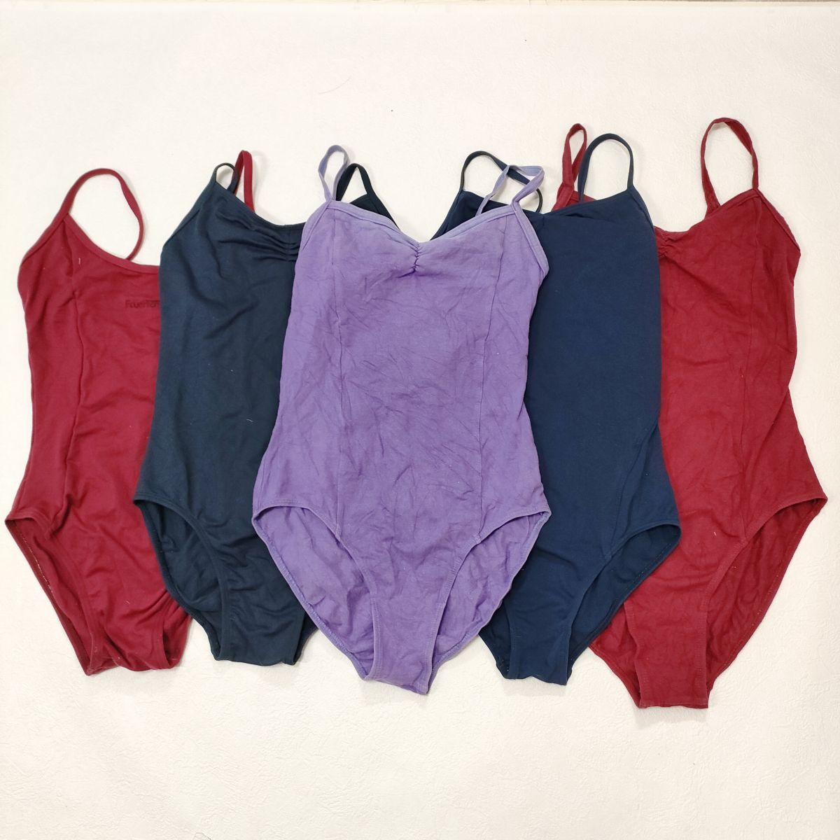 21【5枚セット】レオタード(S~L程度)★FREED芦屋チャンティSanshaなど★光沢レッド赤ネイビー紺パステルパープル薄紫★伸縮性あり男性も拍卖