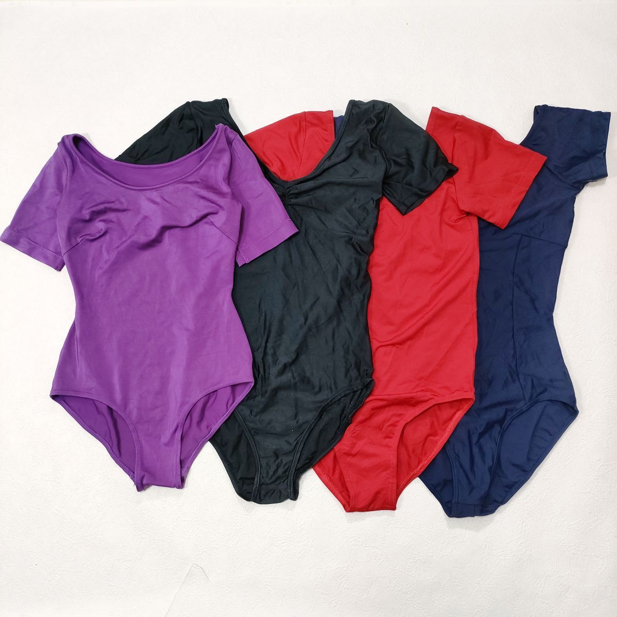 19【4枚セット】チャコットレオタード(M~L程度)★光沢パープル紫ブラック黒レッド赤ネイビー紺★伸縮性あり男性も拍卖