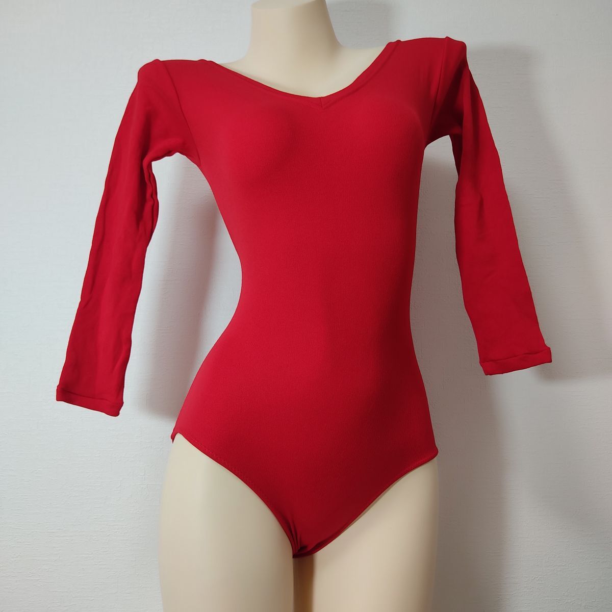 78*チャコットレオタード(LM)★光沢レッド赤 長袖★伸縮性あり男性も拍卖