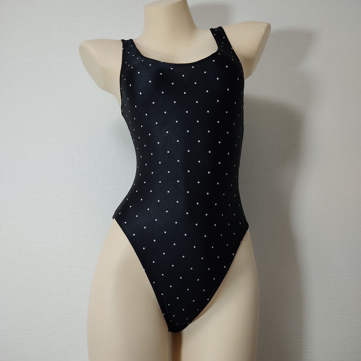 77*日本製レオタード(M)★光沢ブラック黒ドット水玉柄★伸縮性あり男性も拍卖