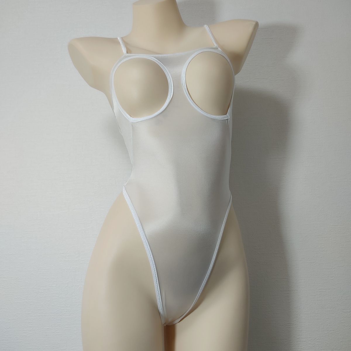 71*レオタード(165L程度)★ハイレグTバック光沢ホワイト白クロッチオープン バストオープン薄地★伸縮性あり大きいサイズ男性も拍卖