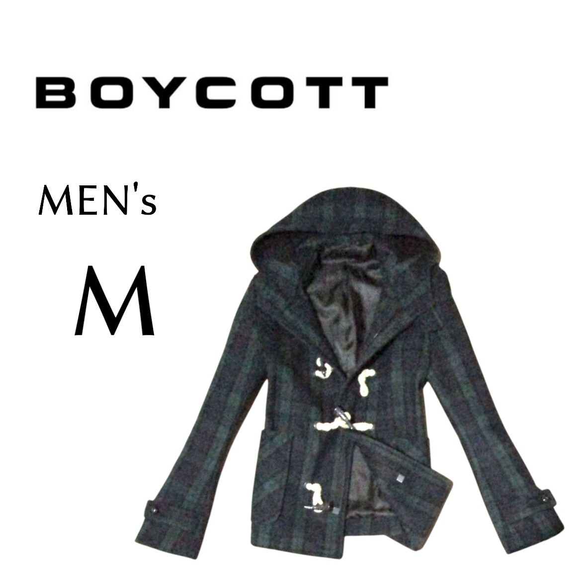 メンズMサイズ BOYCOTT ボイコット 緑チェック柄ウールダッフルコート拍卖