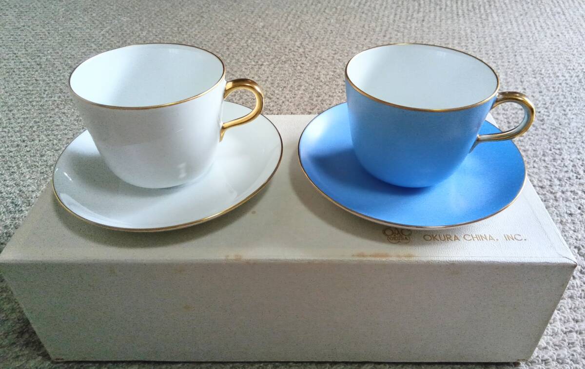 大倉陶園OKURA CHINA色蒔き2客ブルー ホワイトカップ&ソーサー拍卖