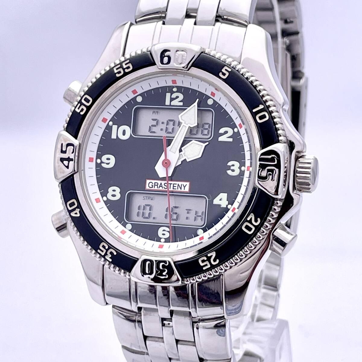 GRASTENY 腕時計 メンズ ウォッチ クォーツ quartz クロノグラフ アナデジ 銀 シルバー 黒 ブラック P4874拍卖
