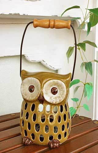 輸入雑貨 キャンドルホルダー フクロウ グリーン カンテラ 陶器 置物 香炉 ガーデニング オブジェ オーナメント ハンギング シャビー 29241拍卖