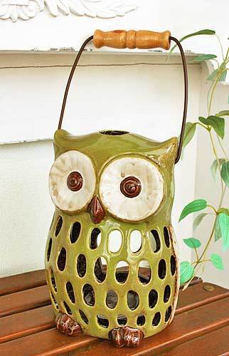 輸入雑貨 キャンドルホルダー フクロウ グリーン カンテラ 陶器 置物 香炉 ガーデニング オブジェ オーナメント ハンギング シャビー 29240拍卖
