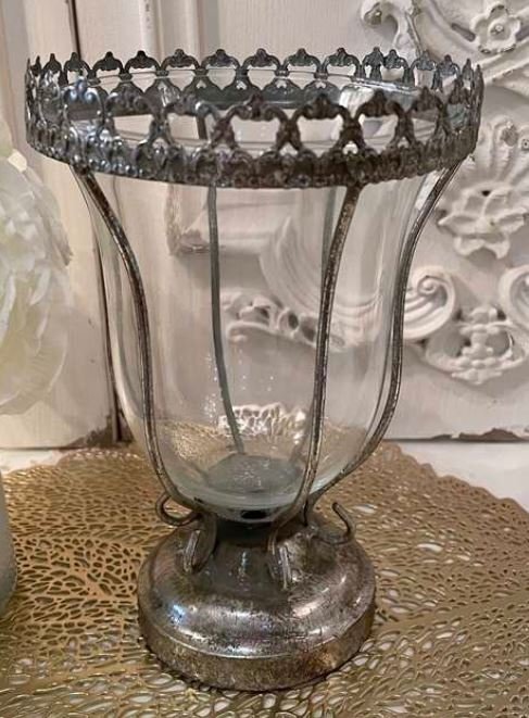 輸入雑貨 フラワーベース シルバー 花瓶 アイアン ガラス リビングスタジオ 直輸入 クラシック シャビーシック アンティーク 14519FV-sv拍卖