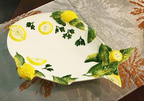 イタリア製 輸入雑貨 ディナー皿 サカナ レモン柄 リビングスタジオ 直輸入 盛り皿 カレー スパゲティ バッサーノ ハンドペイント P2-5471P拍卖