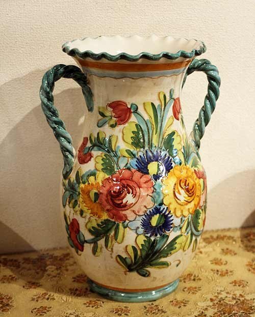イタリア製 輸入雑貨 花瓶 フラワーベース 花柄 グリーン リビングスタジオ 直輸入 H35cm アンティーク風 トスカーナ 12-35gr 送料無料拍卖