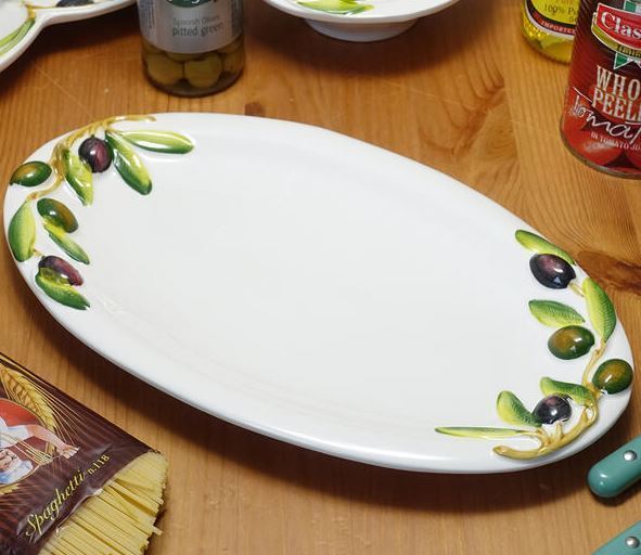 イタリア製 輸入雑貨 ディナープレート 皿 パスタ オリーブ 陶器 リビングスタジオ 直輸入 楕円 メインディッシュ バッサーノ BRE-1327-OV拍卖