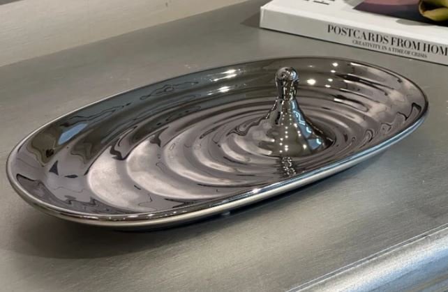 輸入雑貨 トレー 小物入れ コンポート 水滴 リビングスタジオ 直輸入 陶器 シルバー モダン ユニーク アクセサリー FC-22146 送料無料拍卖