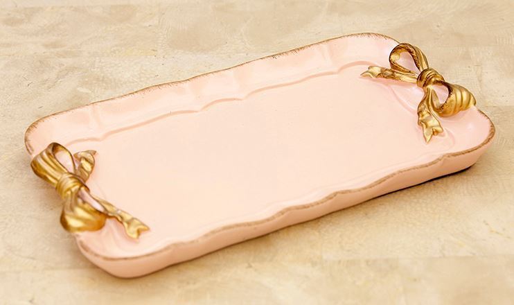 輸入雑貨 トレー 長角 ピンク フレンチ リボン リビングスタジオ 直輸入 アンティーク シャビーシック ゴールド ジュエリー KST18072-1P拍卖