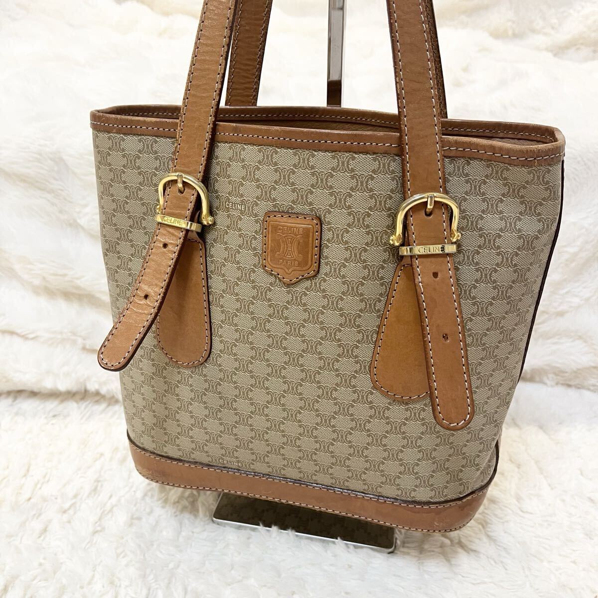 ヴィンテージ CELINE セリーヌ マカダム柄 レザー ミニ トートバッグ ベージュ トリオンフ バケツバッグ バケツ型拍卖