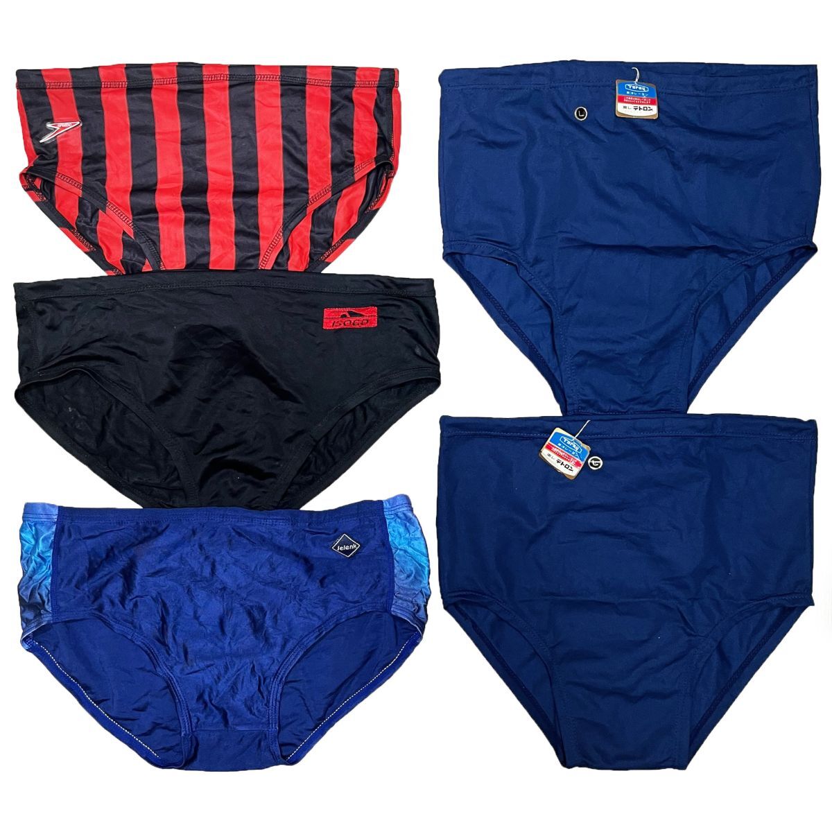 30【整理品リサイクル】レトロタイプ競泳水着5枚セット★競パン★(M~LL)★赤ロゴSPEEDOスピード・アシックスJelenk★新古品あり拍卖