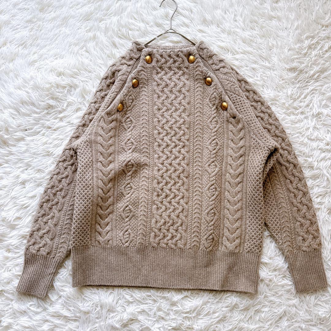 美品 FRAMeWORK フレームワーク ハミルトンアラン ケーブルニット 金ボタン ベージュ ゴールド プルオーバー ウール100% レディース拍卖