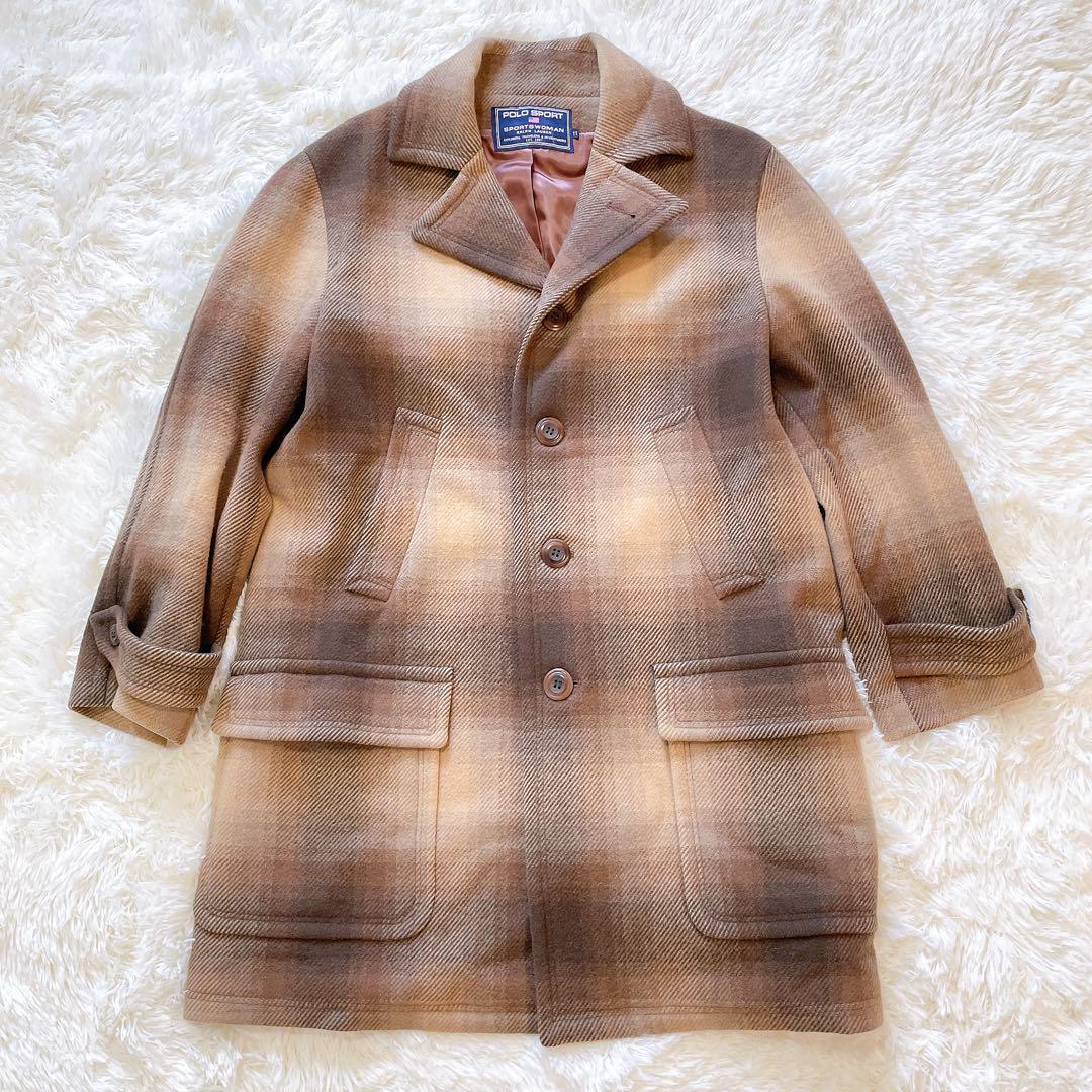 90s POLO SPORT RALPH LAUREN ポロスポーツ ラルフローレン オンブレチェックコート 11サイズ テーラード ウールコート ブラウン拍卖
