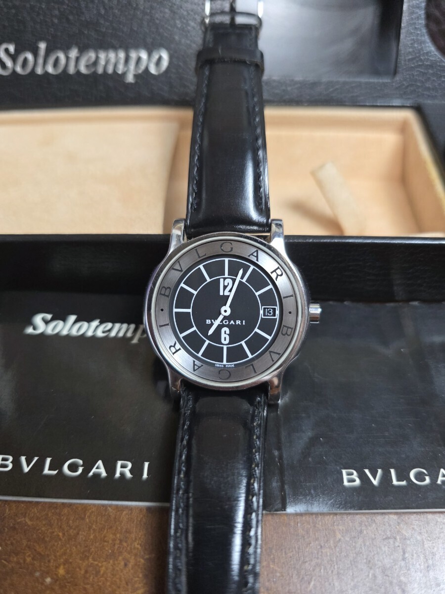 【TMY157】BVLGARI ブルガリ ソロテンポ ST35S メンズ腕時計 黒文字盤 SS×レザー デイト クォーツ QZ 【中古】拍卖