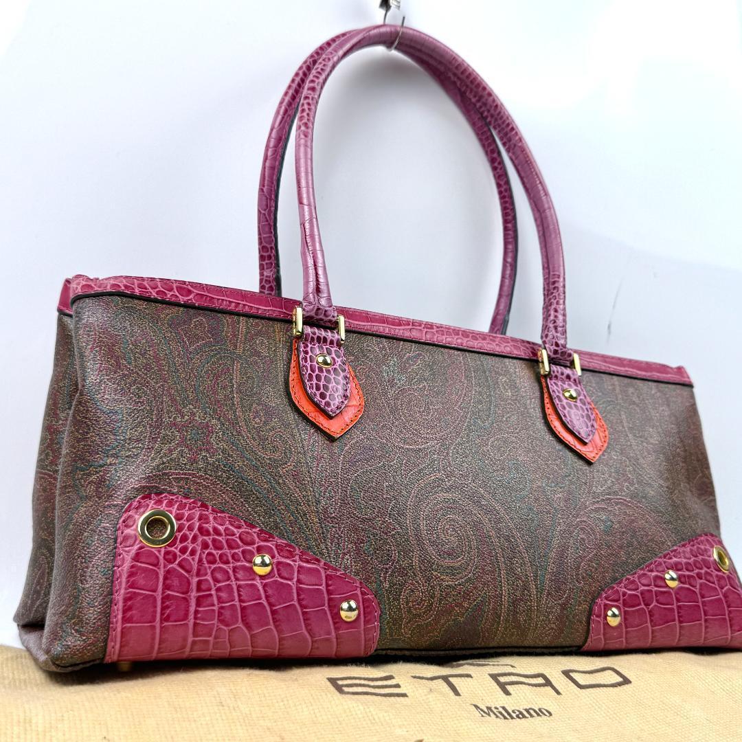 希少極美品 ETRO エトロ クロコ型押し ハンドバッグ ショルダーバッグ ペイズリー 総柄 レザー PVC レザー スタッズ レディース拍卖