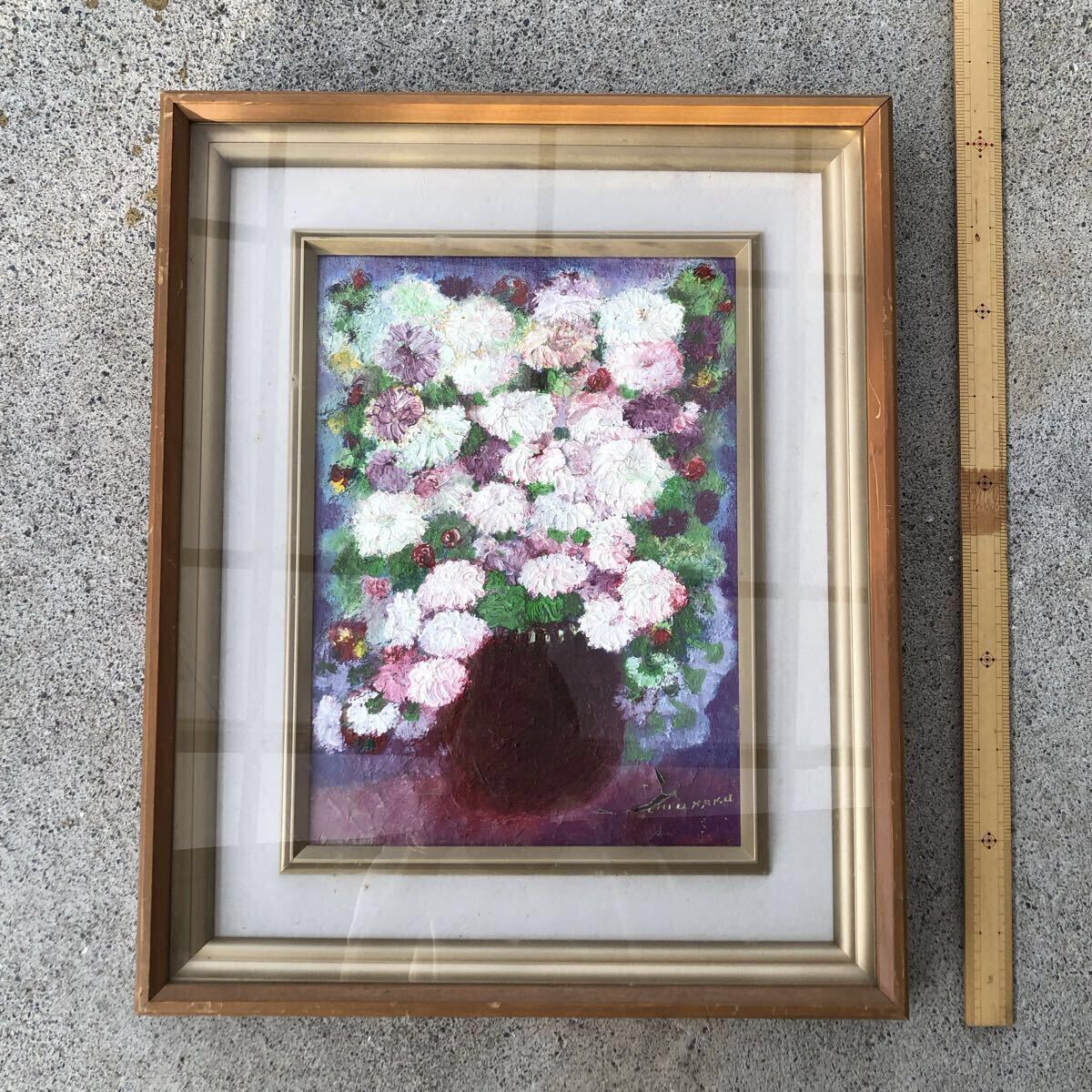 額縁付 油絵 CHIUMAKU 花瓶の花 静物画 昭和レトロ アンティーク インテリア 壁掛け 絵画 美品 ヴィンテージ アート 真作 花 油彩画 額装拍卖