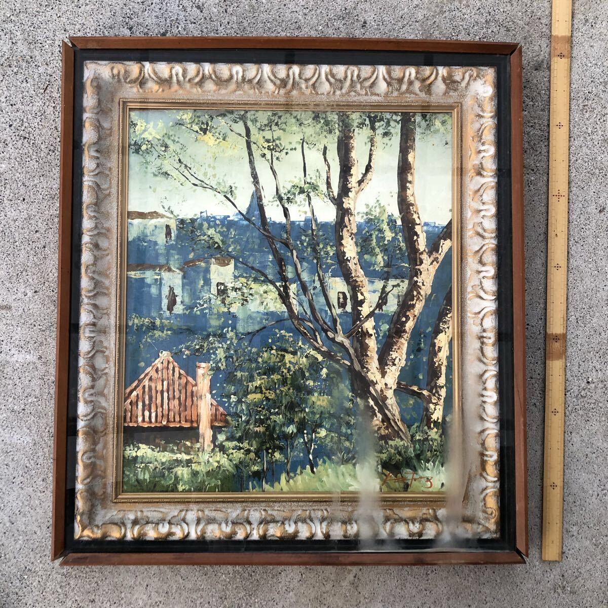 絵画 油絵 サイン入り 額装 昭和 レトロ 風景 木と屋根 真作 油彩画 美術品 アート 原画 自然 ヴィンテージ インテリア 拍卖