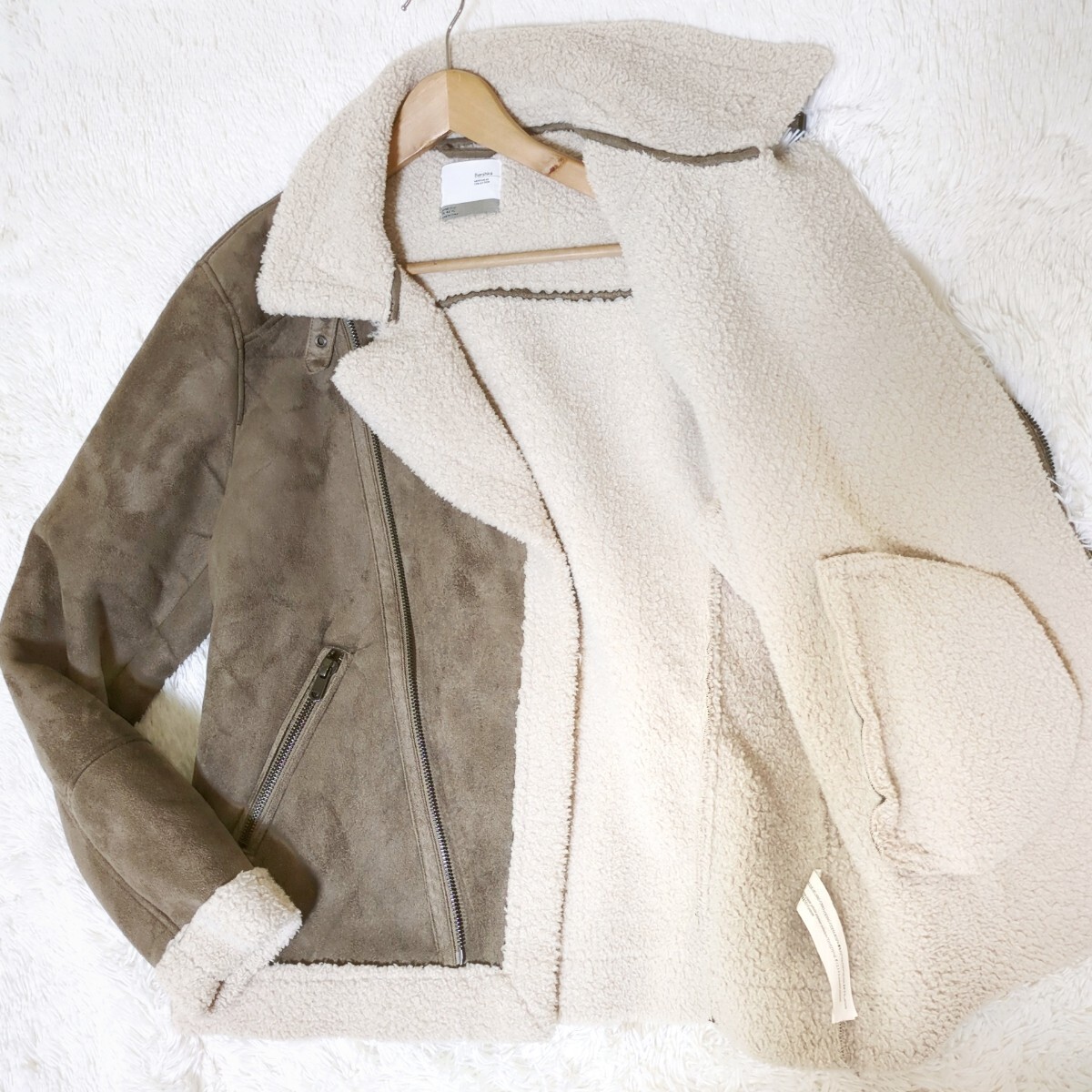 希少XL ZARA BERSHKA/ザラ ベルシュカ 洗える ムートン ダブル ライダース ジャケット/コート/革ジャン ボア ファー メンズ グレージュ拍卖