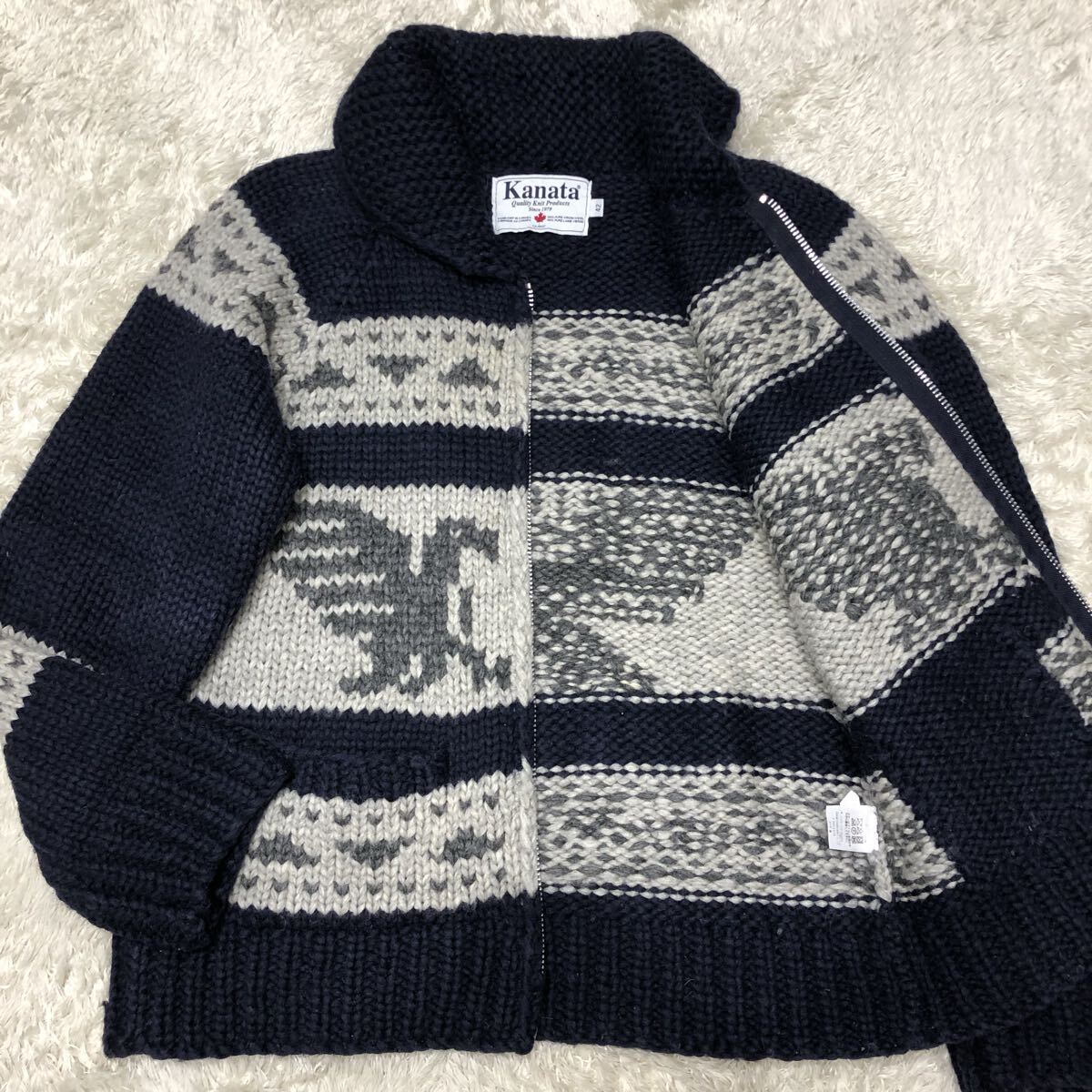超希少XL!カナタ【極暖の極み 】KANATA カウチン ニット カーディガン ジップアップ ネイビー系 ウール100% 厚手 カナダ製 秋冬 42(LL)拍卖