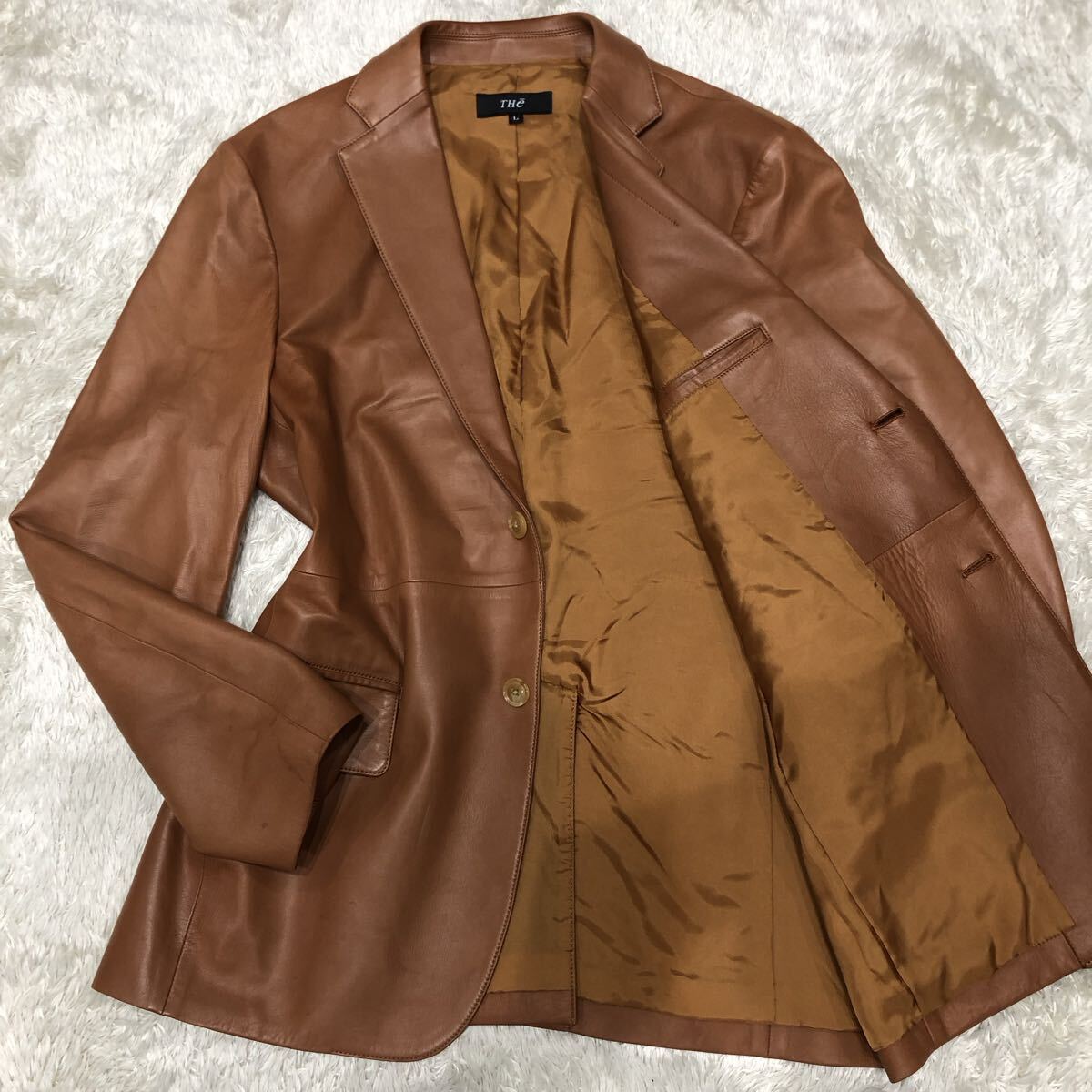 希少L!THe【トロトロの肌触り】レザー テーラードジャケット オレンジブラウン 2B 総裏地 羊革 シープスキン 高級感◎ 本革拍卖