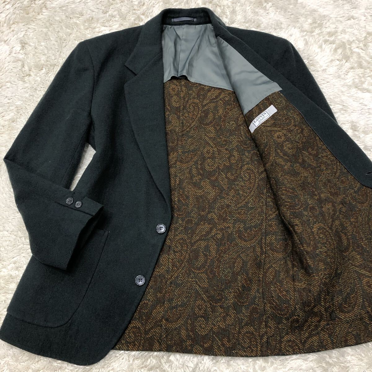 希少L!ランバン【裏地で魅せる】LANVIN テーラードジャケット ブレザー エンブレム刺繍 グリーン系 2B ペイズリー裏地 ウール 秋冬 48拍卖