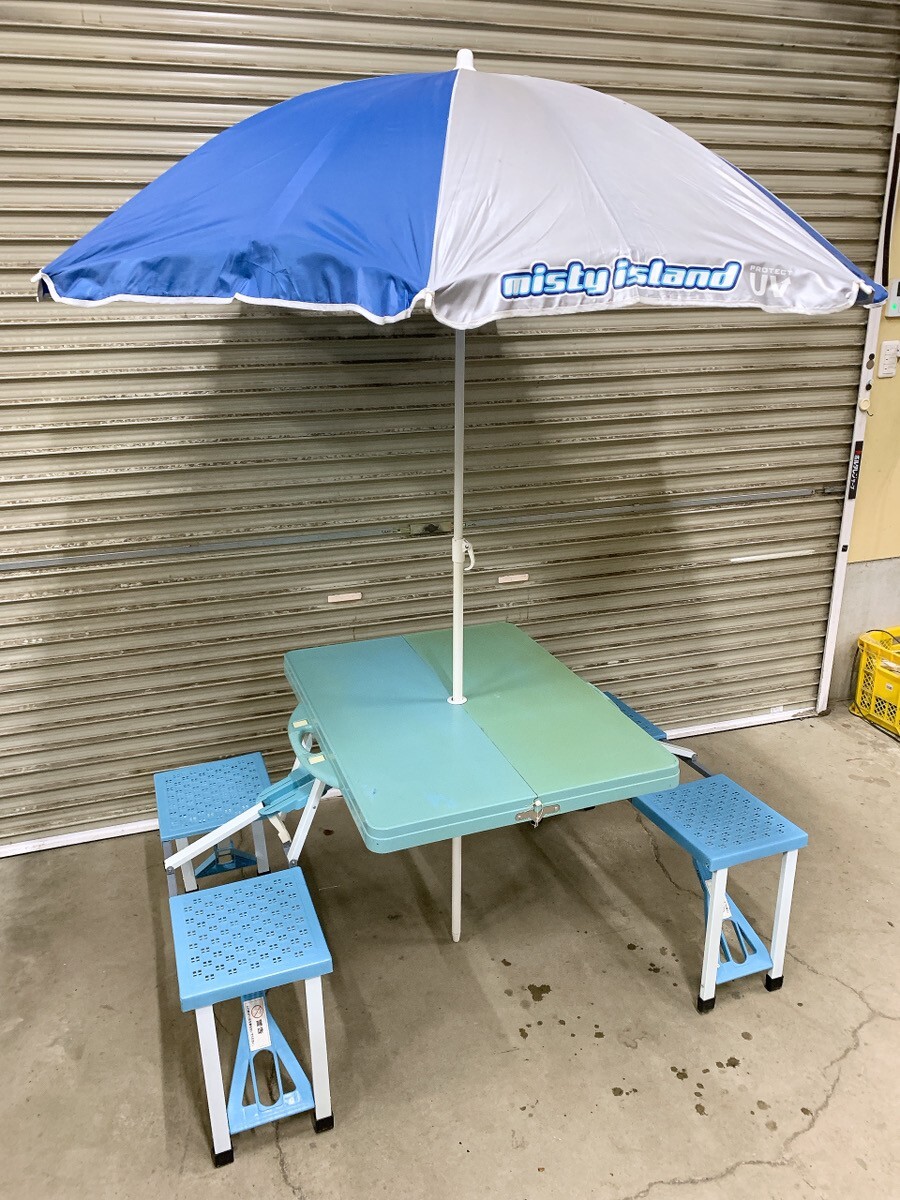 中古 ピクニックテーブル&ベンチ パラソル セット 折り畳み アウトドア キャンプ BBQ イベント 行事 引取歓迎 茨城 1023こ4 E2 170拍卖
