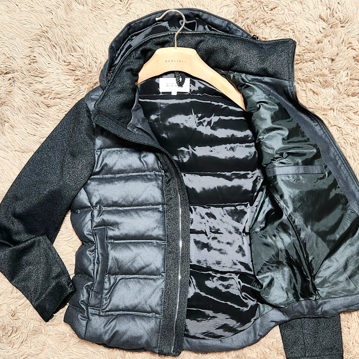 未使用級!! MONSIEUR NICOLE ニコル 切替 ダウンジャケット キルティング ロゴ 総裏地 Wジップ 肉厚 アウター 2way フード 脱着可 洒落感◎拍卖