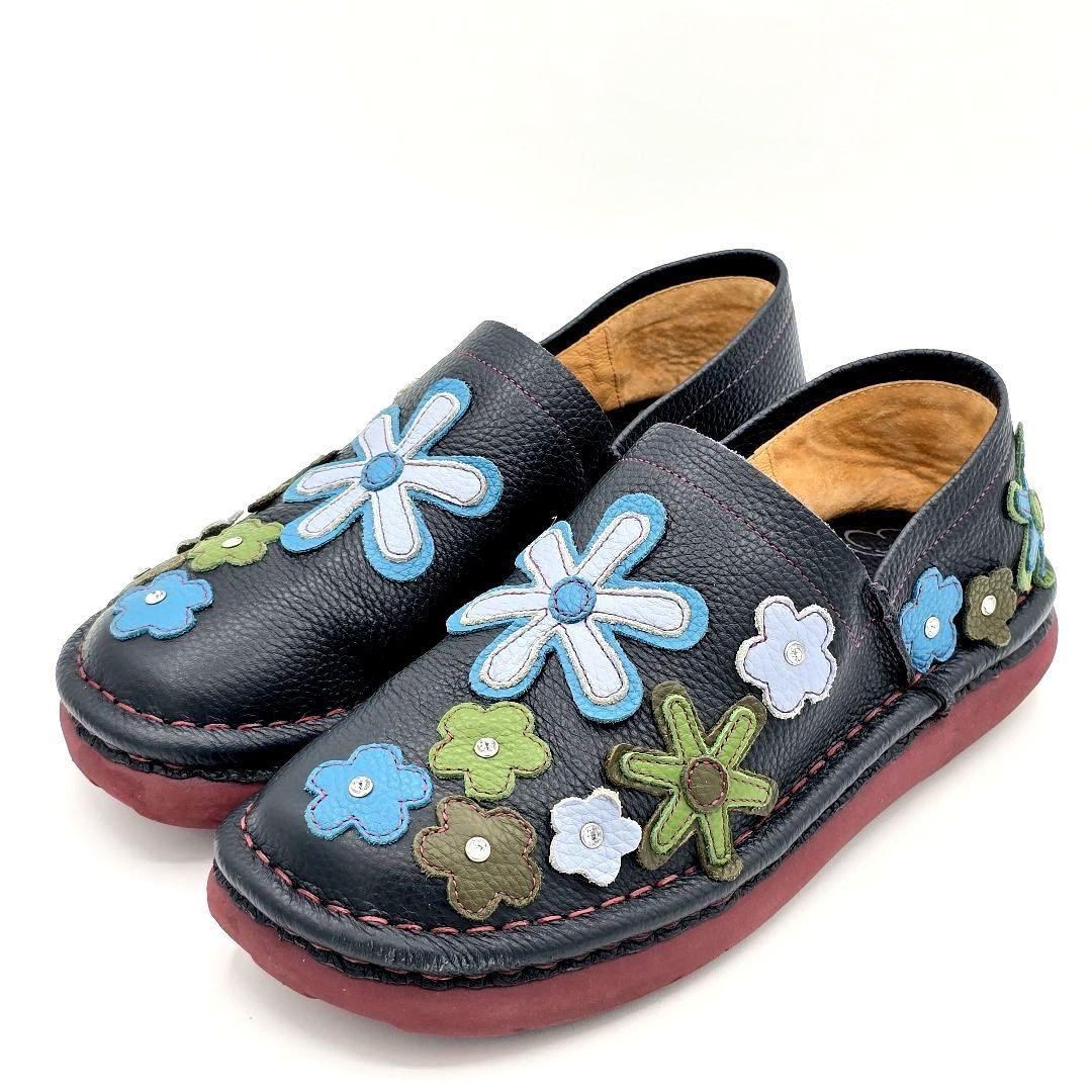 美品 Estacion エスタシオン L フラワーストーンスリッポン レザーシューズ 花柄拍卖