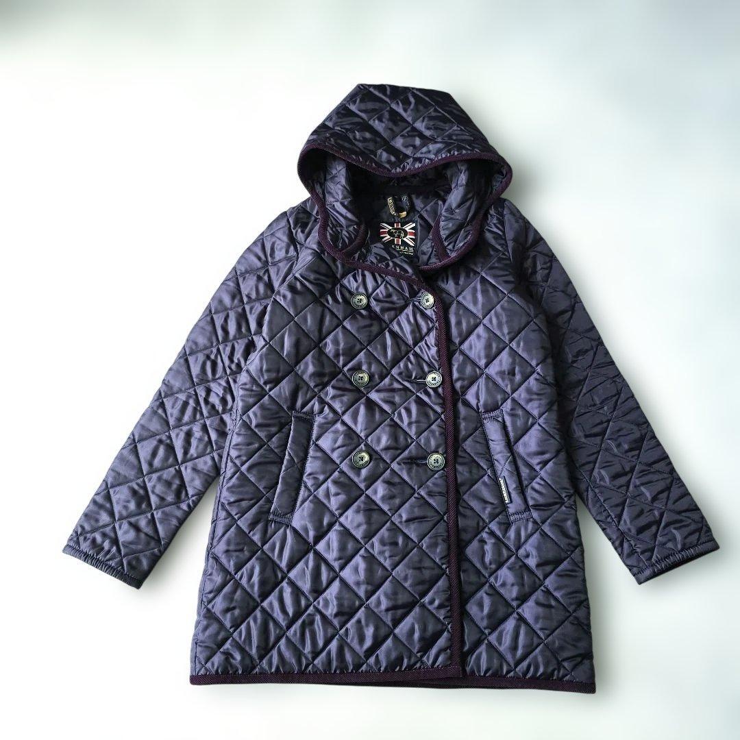 良品 LAVENHAM ラベンハム 38 キルティングコート ダブル フーディロングコート イギリス製 パープル拍卖