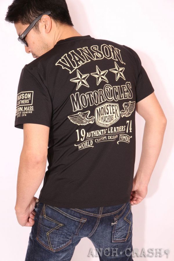 当店別注 VANSON ドライ 半袖Tシャツ スリースター★★★ ブラック【XL】バンソン 吸水速乾 抗菌防臭 UVカット ACV-902 ハーレー 吸汗速乾拍卖