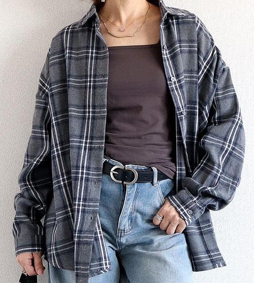 未使用品! 大きいサイズ レディース 長袖シャツ 厚手 秋冬 チェック グレー系拍卖