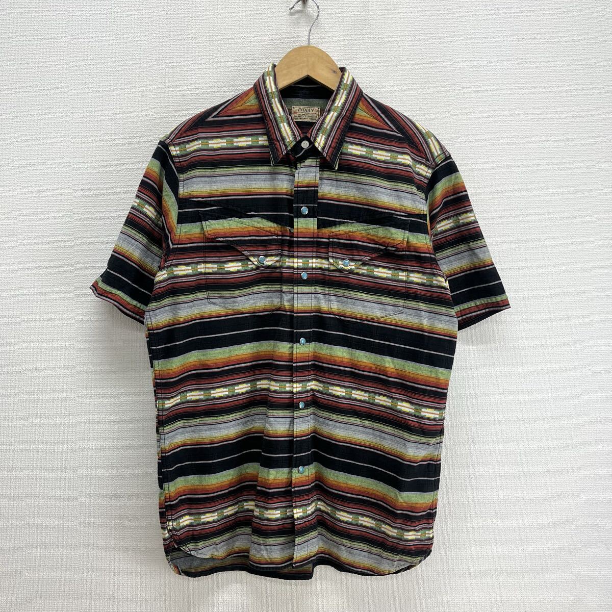 INDIAN MOTORCYCLE インディアンモーターサイクル 半袖ウエスタンシャツ ネイティブボーダー L 10129972拍卖