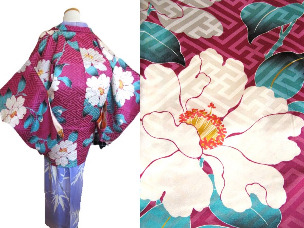 大輪の白花 綸子 アンティーク羽織 大正ロマン 赤紫拍卖