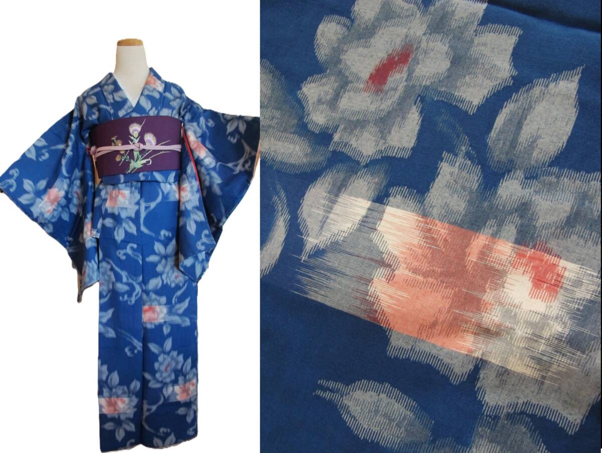 白薔薇の銘仙 紺色地 アンティーク着物拍卖