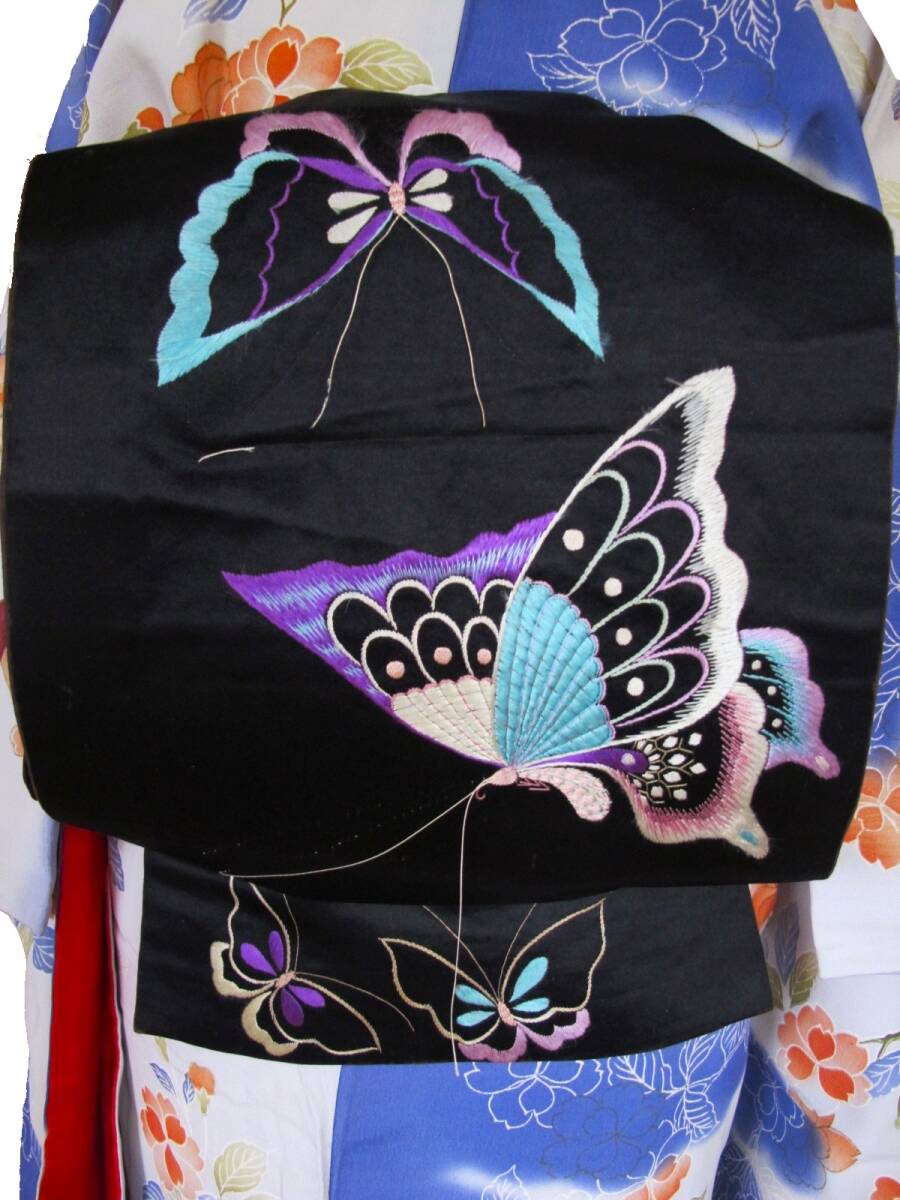 幻想 青揚羽蝶 アンティーク総刺繍 昼夜帯 黒繻子拍卖