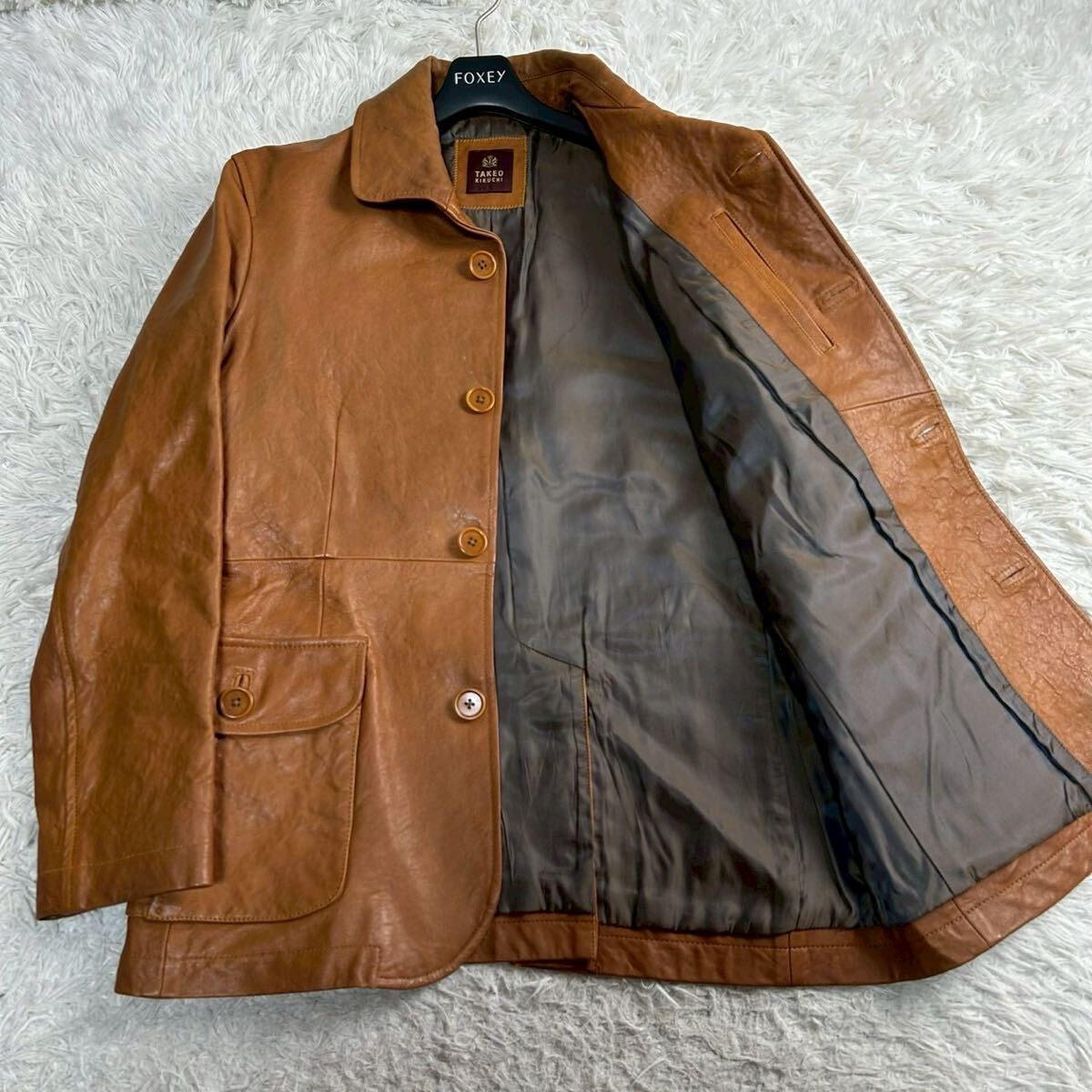 ●美品/最高級茶タグ/高級感漂う◎/L相当 TAKEO KIKUCHI タケオキクチ レザージャケット カバーオール 革ジャン 羊革 シープスキン 微光沢拍卖
