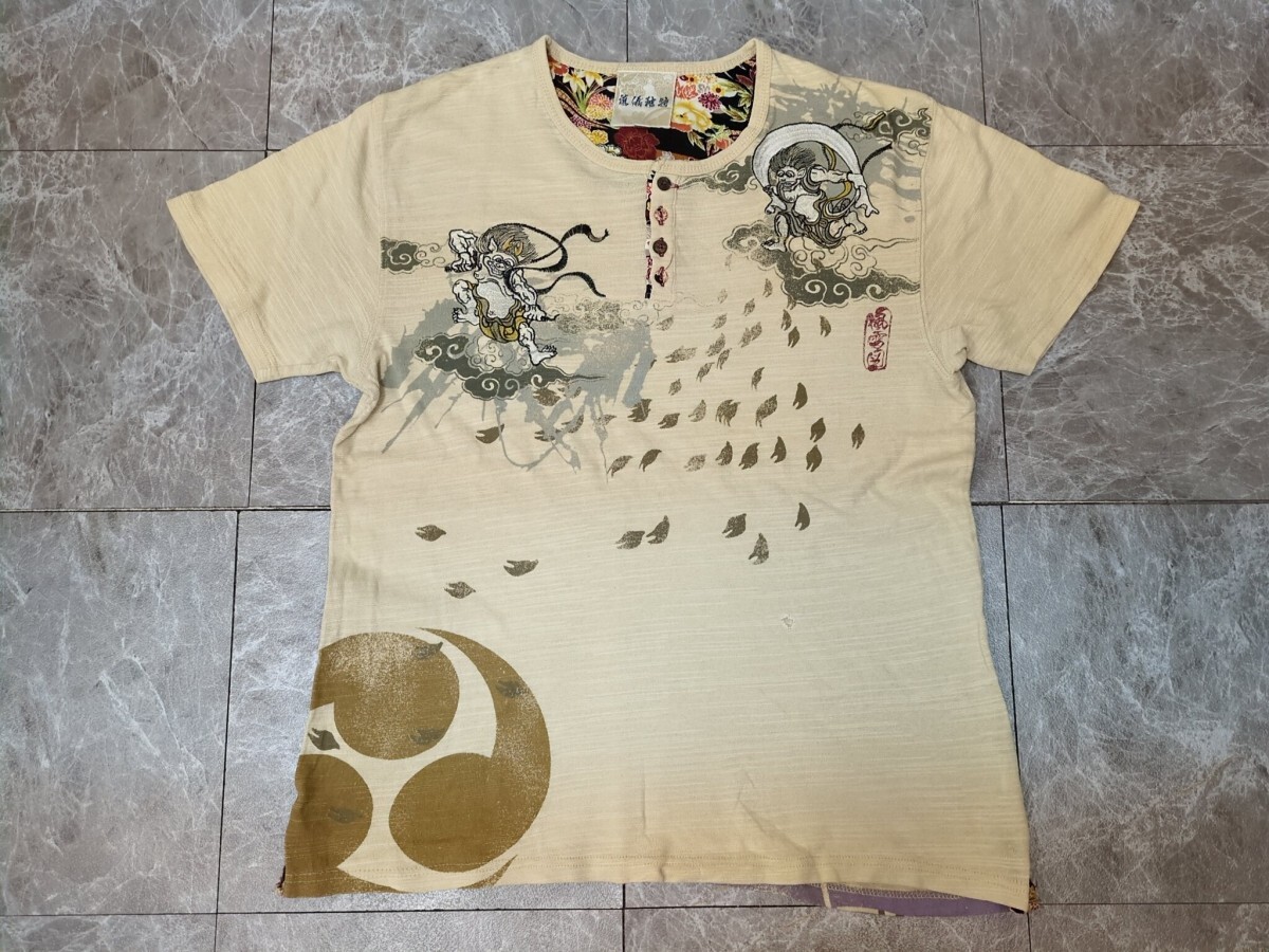 14.風神雷神刺 Y2K デカロゴ 竹虎プリント 流儀独特 和柄 ヘンリーネック 半袖 コットン Tシャツ サイズ大 ベージュ グレー茶系x307拍卖