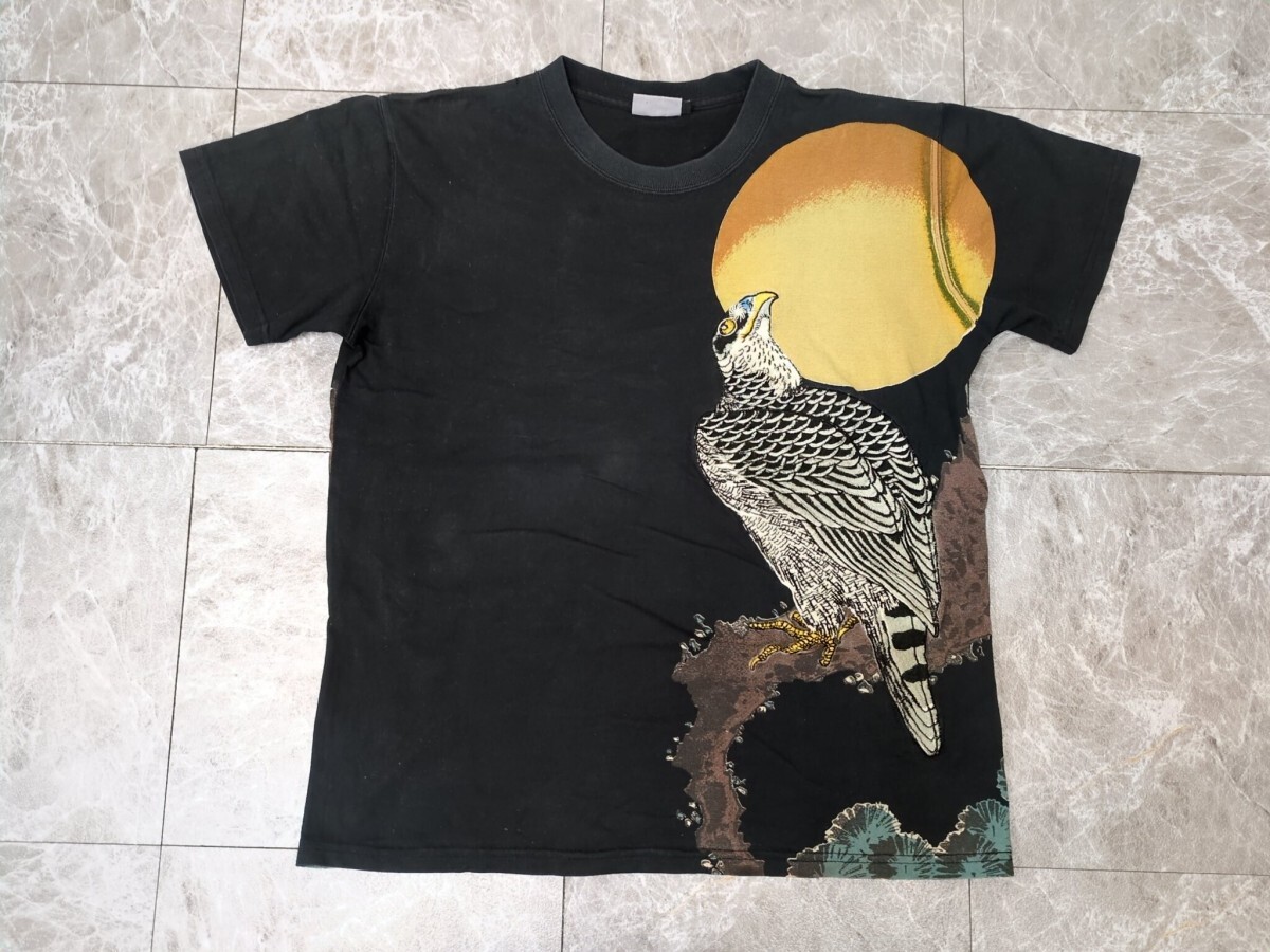 7.和柄刺 Y2K デカロゴ 鷹に日の出 百花繚乱 半袖 Tシャツ カットソー S/S メンズM 黒茶系白 x307拍卖
