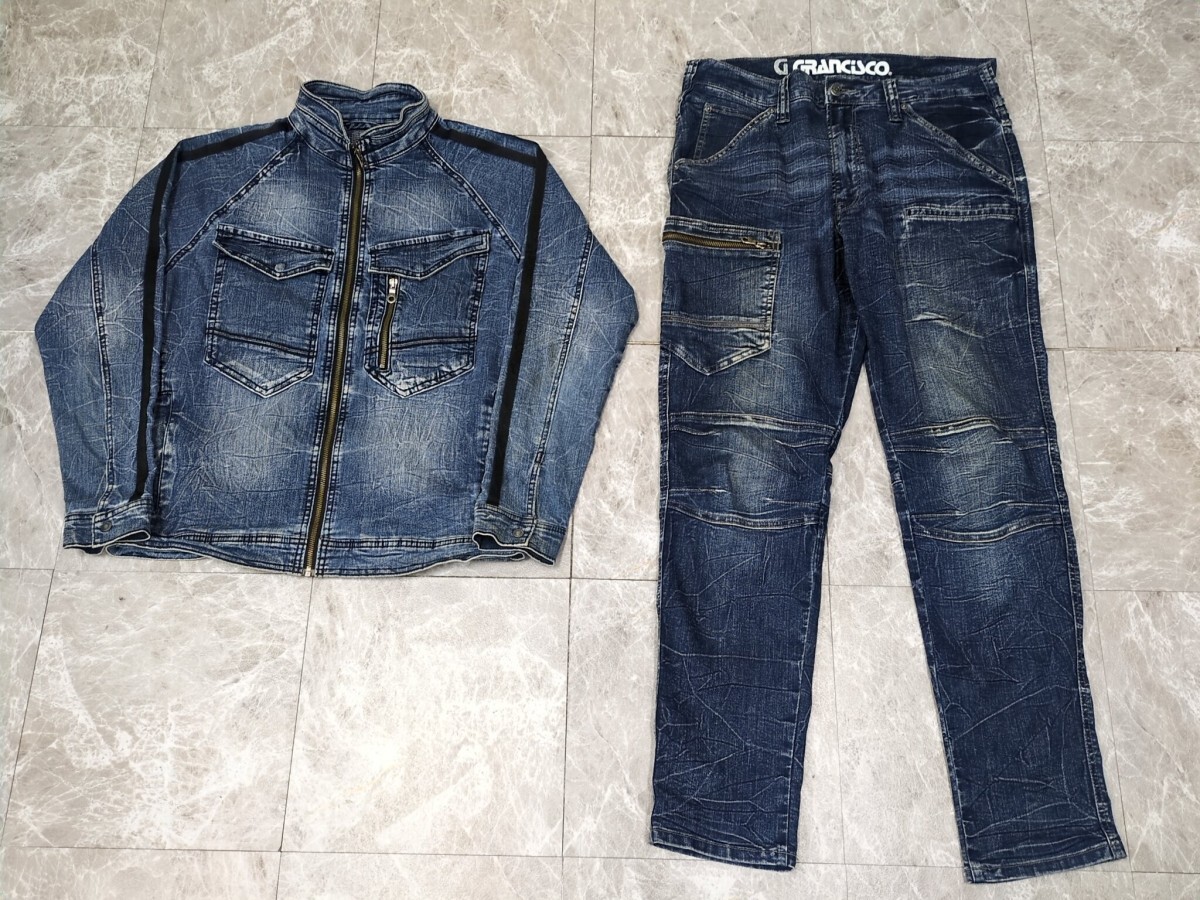 11.GRANCiSCO 2点 2枚 デニム 上下 セット 加工 ストレッチ入り ブルゾン ジャケット パンツ グランシスコ 作業着 メンズLL y608拍卖