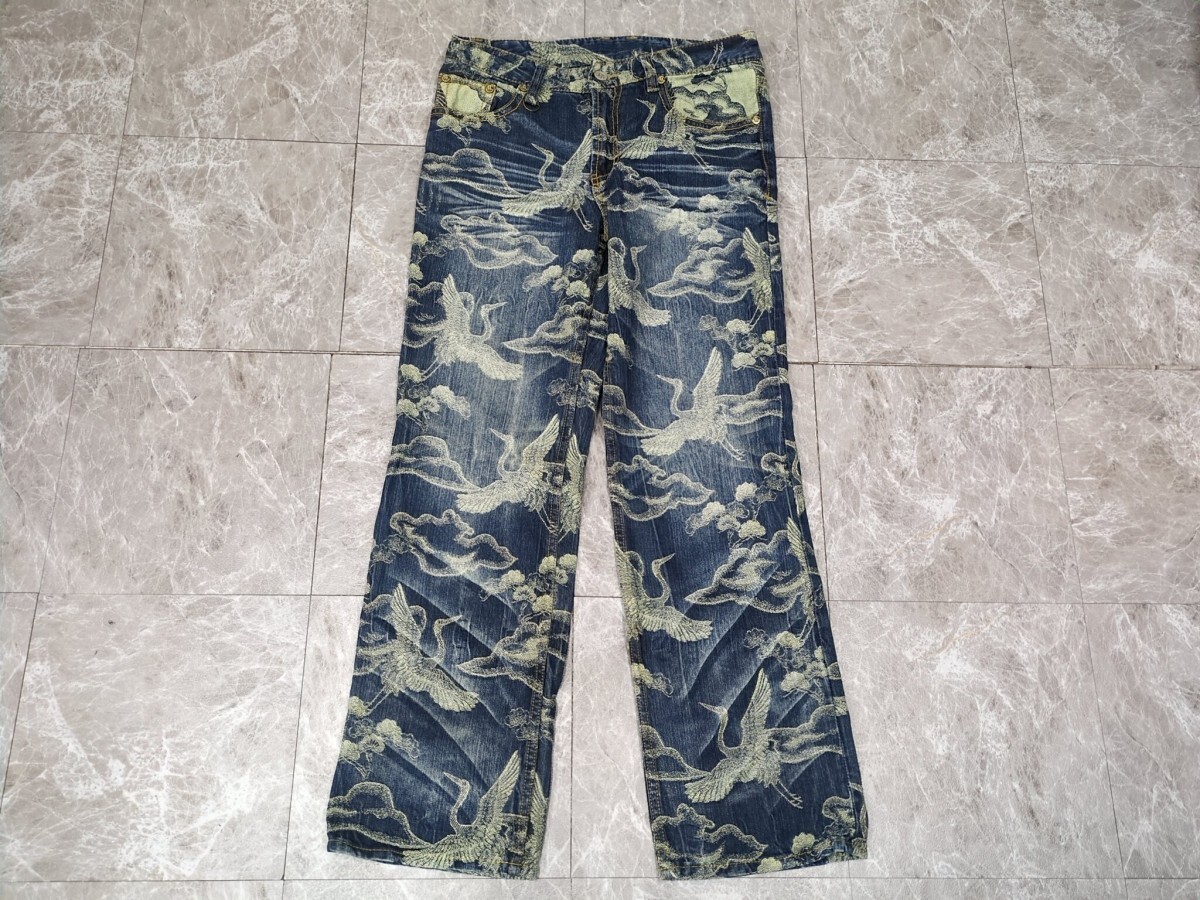 1.絡繰魂 総柄 和柄 y2k ギミック 東洋意匠 ワイド デニム ジーンズ パンツ 丹頂 渡海 つる サイズ34 インディゴオフホワイト系y608拍卖